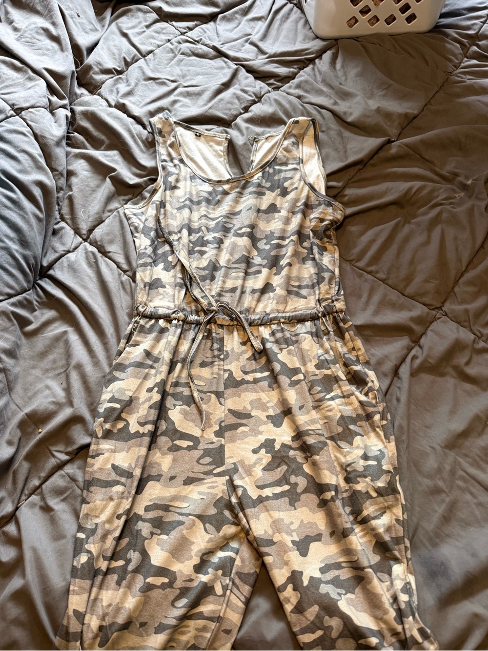 Sleeveless Camouflage Tie-Waist Jumpsuit in Olive Beige